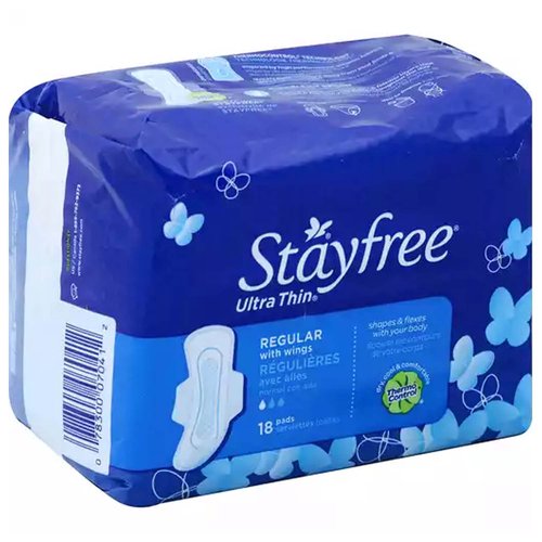 Stayfree Ultra Thin Pads, Regular with Wings, 18 Each