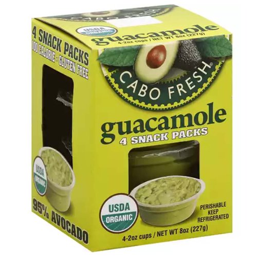 USDA Organic. cabofresh.com. Non GMO Project verified. Nongmoproject.org. Organic. 100 calorie. Gluten free. 95% avocado. Product of Mexico.

