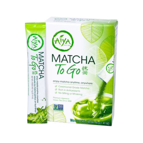 Aiya’s Matcha To Go Sticks pack a unique blend of traditional Ceremonial Grade Matcha in a convenient single-serving stick. No need for sifting or whisking; simply add one stick to cold or hot water, then quickly shake or stir to enjoy Matcha anytime, anywhere. With approximately half the caffeine found in a cup of coffee, enjoy the smooth, natural energy boost of Matcha for 3 to 6 hours. By blending Matcha with dietary fiber, we reduce clumping, one of the natural effects of Matcha preparation. Similar to our Ceremonial Matcha, Matcha To Go is intended to be used exclusively with water to enjoy its pure, smooth tea flavor.<br><br>

<ul>
<li>Ceremonial Grade Matcha</li>
<li>Rich in Antioxidants</li>
<li>No Sifting or Whisking </li>
<li>10 single-serving packets per box  </li></ul><br><br>

Preparation<br><br>
Cold: Add contents of 1 stick to a 16.9 oz (500 ml) water bottle and shake until the Matcha is well mixed. <br><br>
Hot: Mix contents of 1 stick in 6-8 oz of hot water (180°F). If desired, use an electric hand frother for foam.