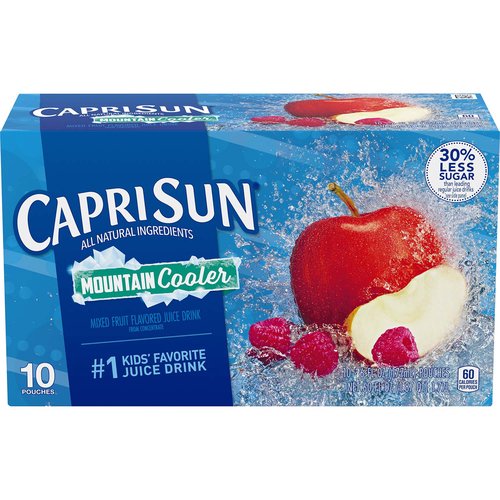 <ul>
<li>Ten 6 fl. oz. pouches of Capri Sun Naturally Flavored Mountain Cooler Mixed Fruit Juice Drink</li>
<li>Capri Sun Naturally Flavored Mountain Cooler Mixed Fruit Juice Drink delivers fun refreshment with all natural ingredients</li>
<li>Our ready to drink juice drink offers a convenient way for kids to hydrate</li>
<li>A blast of mixed fruit flavor from natural ingredients creates an appealing kids drink</li>
<li>Contains no artificial colors, flavors or preservatives and no high fructose corn syrup</li>
<li>Each pouch contains 30% less sugar than leading regular juice drinks (This product 13 g total sugar; leading regular juice drinks 20 g total sugar per 6 fl. oz. serving)</li>
<li>Packed in individual pouches with straws for an easy on-the go-drink</li>
</ul>