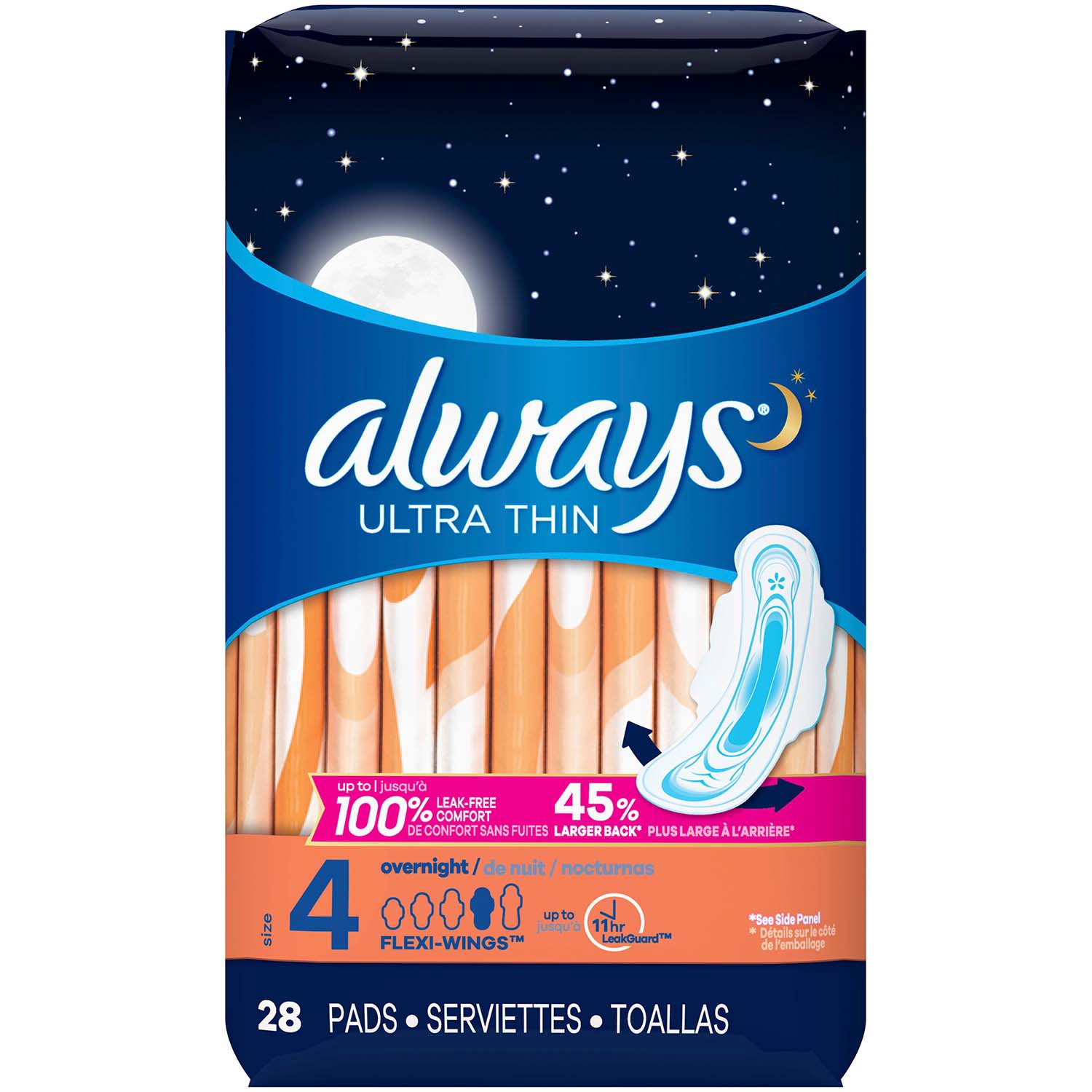 Always Ultra Thin Pads, Overnight Absorbency with Wings, Unscented, Size 4