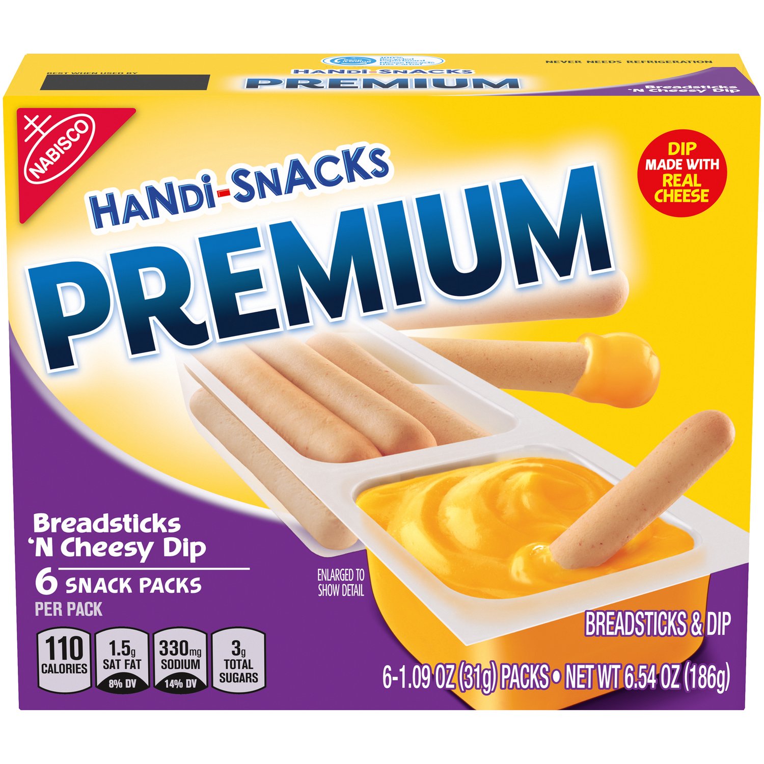 Handi-Snacks Premium Breadsticks 'N Cheesy Dip Snack Packs, 6 - 1.1 oz Packs