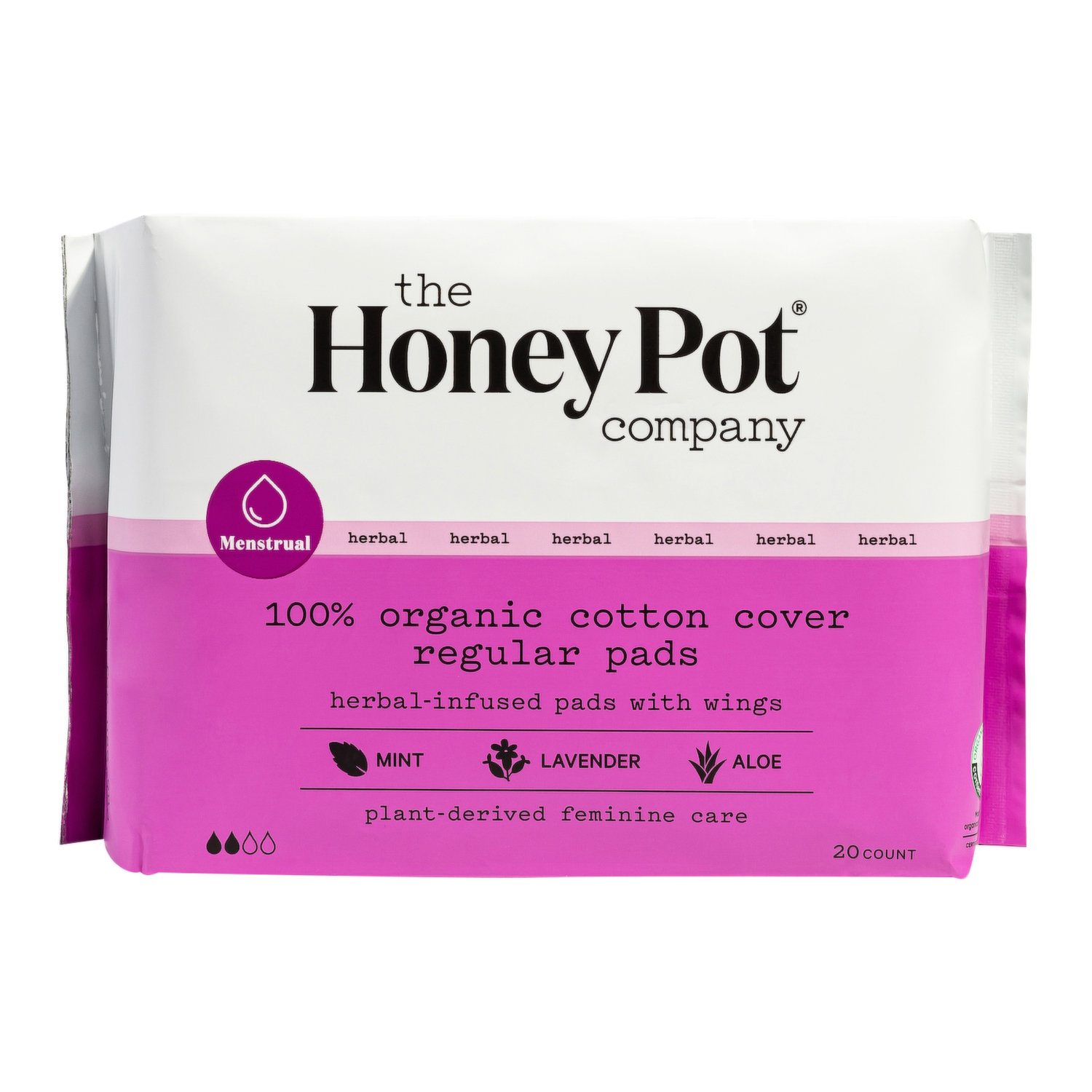 The Honey Pot Pads, Herbal-Infused, with Wings, 100% Organic Cotton Cover, Regular - 20 pads