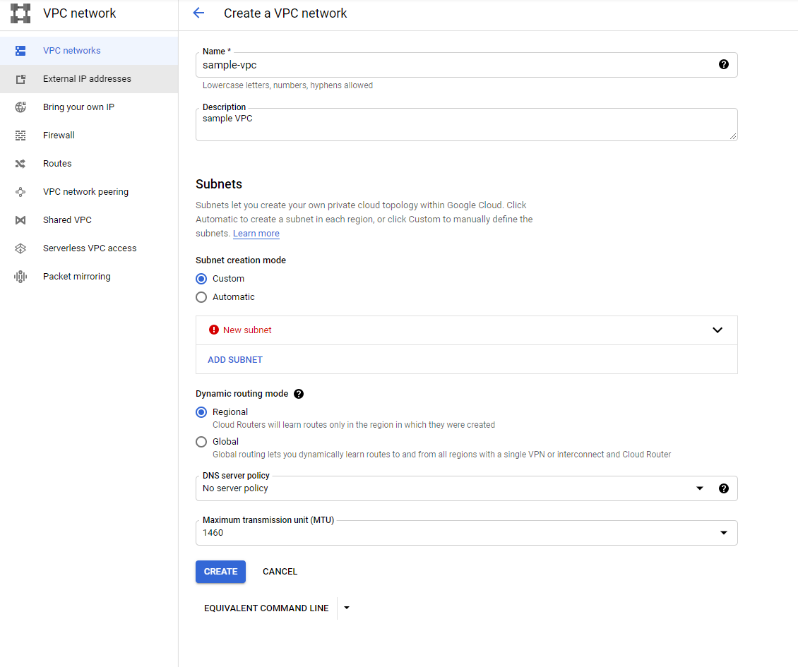 Google Cloud console interface for creating a VPC network, showing fields to name and describe the network, options for custom or automatic subnets, dynamic routing mode (regional or global), DNS policy, MTU setting, and a 'Create' button.