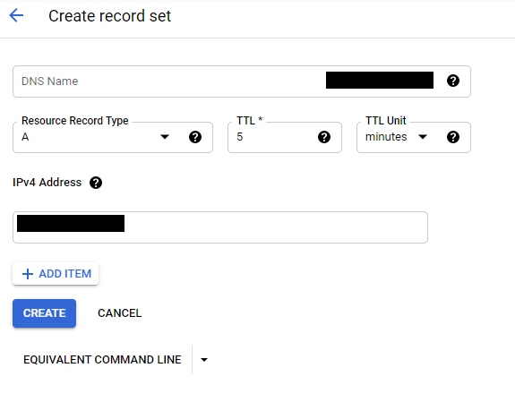 Google Cloud Console 'Create record set' dialog showing fields for DNS name, record type (A), TTL and unit (minutes), IPv4 address, and buttons for adding items, Create, and Cancel.
