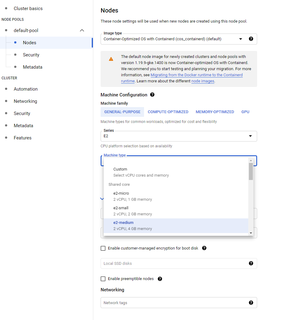 Google Cloud Console 'Cluster basics – Nodes' section in GKE creation wizard, showing controls for node pool configuration including machine type, node count, upgrade options, autoscaling, and tabs for other settings