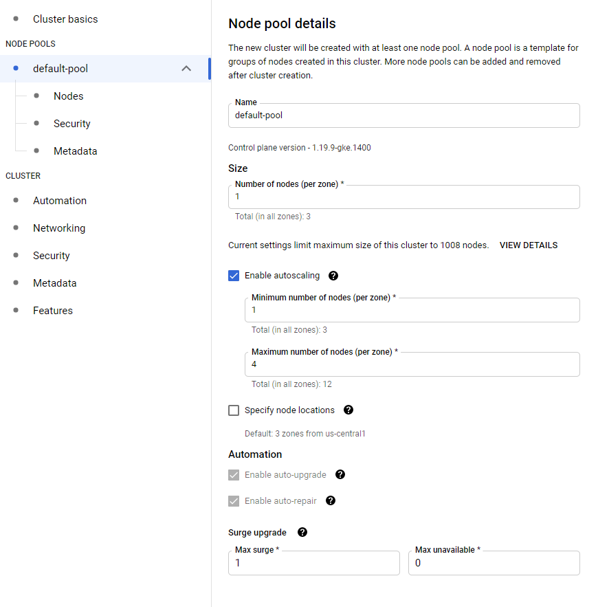 Google Cloud Console 'Cluster basics' panel from GKE Create cluster view, showing fields for cluster name, location type (zonal or regional) with region selector, and version settings including release channel or static version.