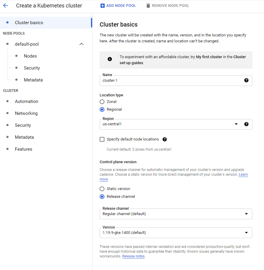 Google Cloud Console screenshot for creating a Kubernetes cluster, showing fields for cluster name, location type (zonal or regional), region selection (us-central1), version settings with static version or release channel, and navigation panels for node pools, automation, networking, security, metadata, and features.