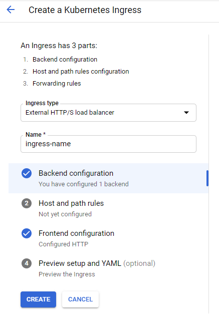 Google Cloud Console 'Create Ingress' dialog in GKE, showing fields and options to configure Ingress resource—like host-path rules, backend services, and load balancer settings..