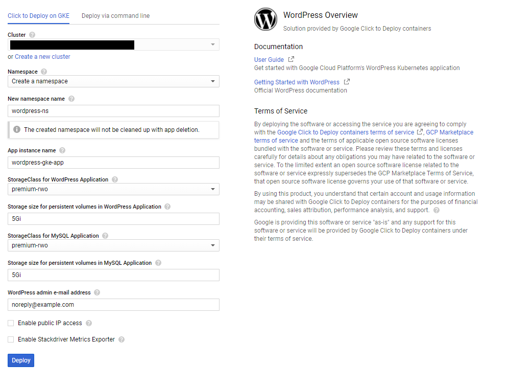 Diagram illustrating WordPress deployment on Google Cloud: User traffic flows through Cloud Load Balancer to a GKE Kubernetes cluster where WordPress containers run across multiple nodes, backed by persistent volumes.
