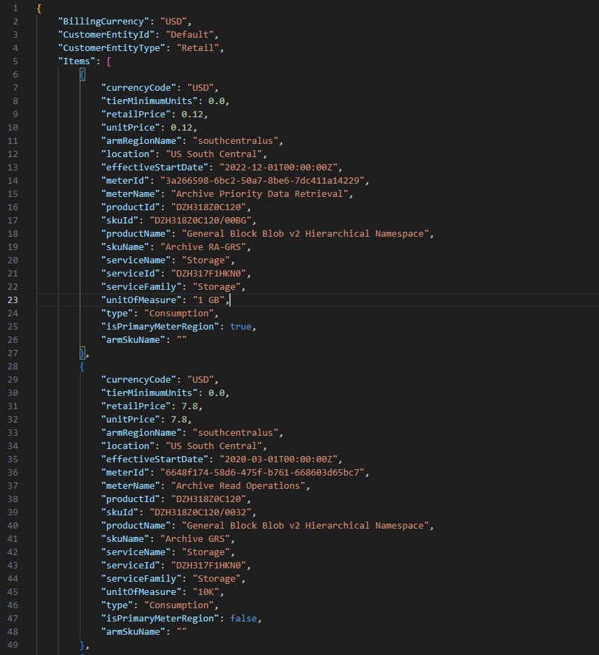 Azure Archive Blob Storage JSON Sample