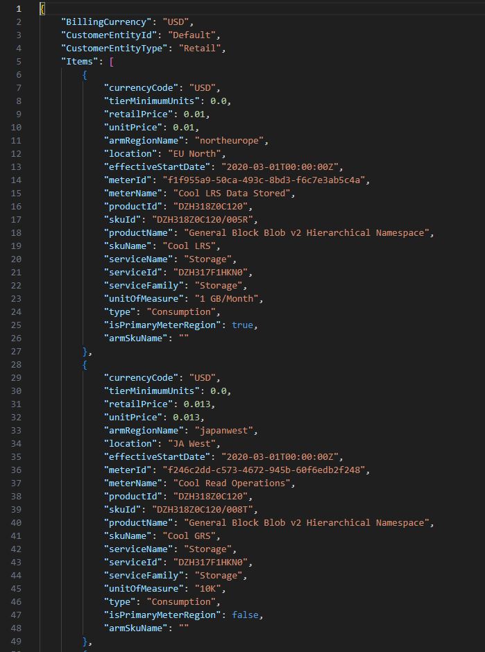 Azure Cool Blob Storage JSON Sample