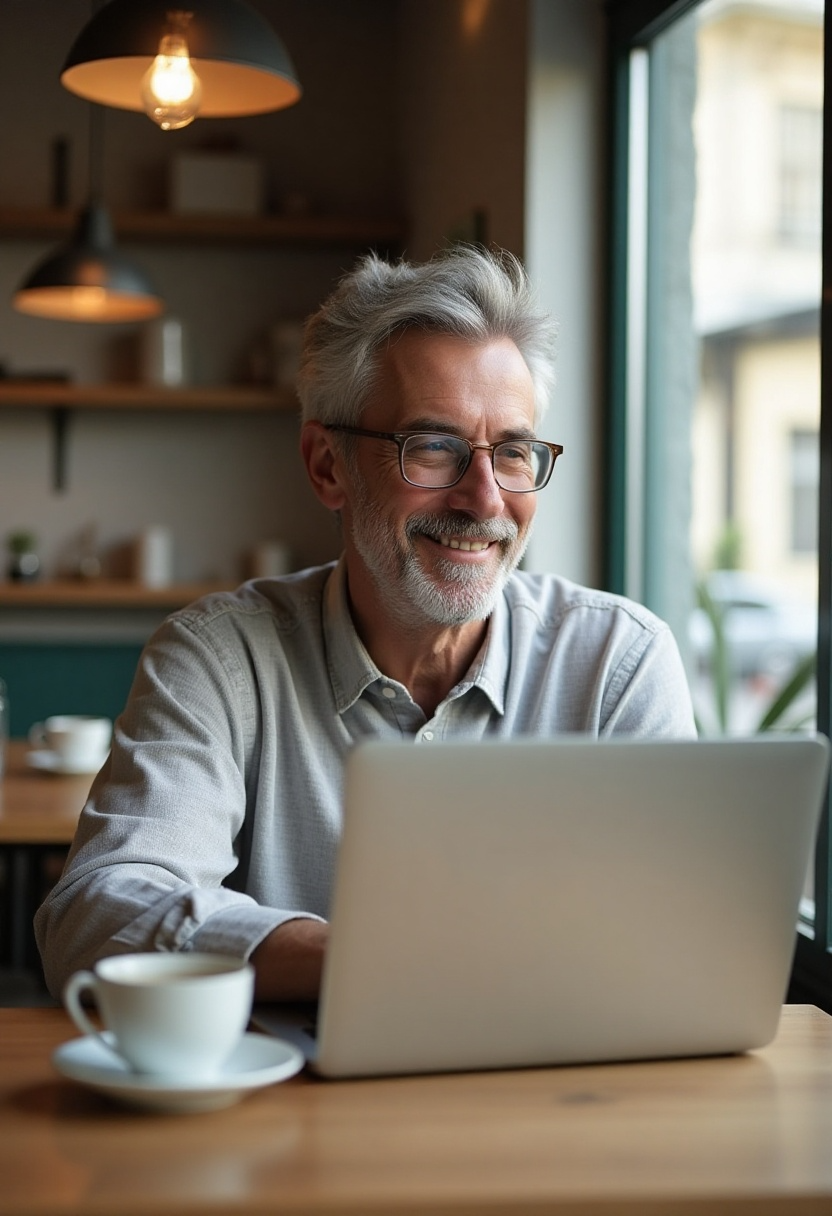Smiling educator working on a laptop at a coffee shop table