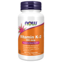 Now Vitamin K-2, 100mcg, Veg Capsules, Bottle, 100 Each