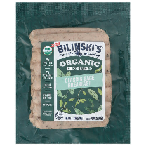 Bilinski's Organic Chicken Sausage, Classic Sage Breakfast