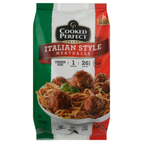 Cooked Perfect Meatballs, Flame Broiled, Italian Style, Dinner Size