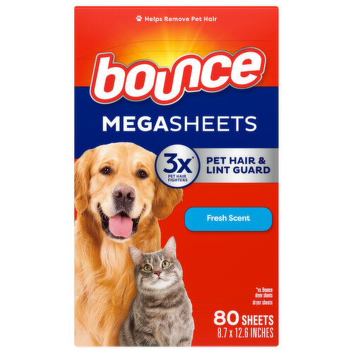 Bounce Pet Hair And Lint Guard Mega Dryer Sheets With 3X Pet Hair Fighters