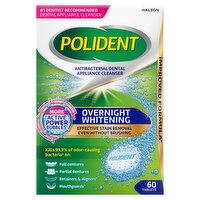 Polident Antibacterial Dental Appliance Cleanser Overnight Whitening Tablets, 60 count, 1 Each