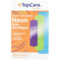 TopCare Antibacterial Kids First Aid Antiseptic Assorted Bandages, Neon, 20 Each