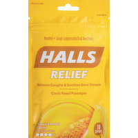 Halls Cough Suppressant/Oral Anesthetic, Menthol, Relief, Honey Lemon Flavor, 30 Each