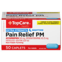 TopCare Pain Relief PM, Extra Strength, Nighttime, Caplets, 50 Each