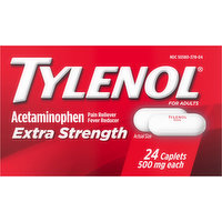 Tylenol Acetaminophen, Extra Strength, 500 mg, Caplets, 24 Each