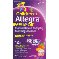 Allegra Allergy Relief, Children's, Indoor/Outdoor, Orange Cream Flavor, Non-Drowsy, 12 Hr, Tablets, 12 Each