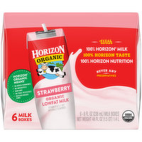 Horizon Organic Milk, Lowfat, Organic, Strawberry, 6 Each