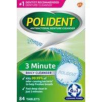 Polident Antibacterial Denture Cleanser, 3 Minute, Daily Cleanser, Tablets, Triple Mint Fresh, 84 Each
