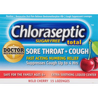 Chloraseptic Sore Throat + Cough, Sugar Free, Lozenges, Wild Cherry, 15 Each