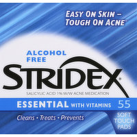 Stridex Acne Medication, Essential, with Vitamins, Soft Touch Pads, 55 Each