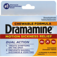 Dramamine Motion Sickness Relief, 50 mg, Chewable Tablets, Orange Flavored, 8 Each