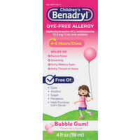 Benadryl Allergy, Dye-Free, Bubble Gum Flavored, Liquid, 4 Fluid ounce