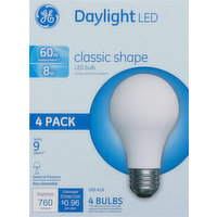 Ge Light Bulbs, LED, Daylight, Classic Shape, 8 Watts, 4 Pack, 4 Each