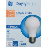 GE Light Bulbs, LED, Daylight, Classic Shape, 40 Watts, 4 Pack, 4 Each