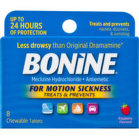 Bonine Meclizine Hydrochloride, Antiemetic, Raspberry Flavored, Chewable Tablets, 8 Each