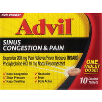 Advil Sinus Congestion & Pain, Non-Drowsy, Coated Tablets, 10 Each