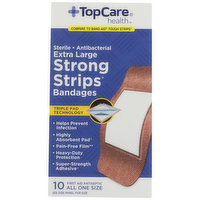 TopCare Strong Strips, Sterile Antibacterial First Aid Antiseptic All One Size Extra Large Bandages, 10 Each