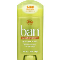 Ban Antiperspirant Deodorant, Invisible Solid, Unscented, Sweet Simplicity, 2.6 Ounce