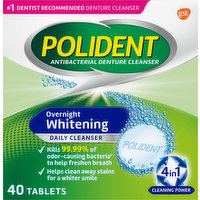 Polident Antibacterial Denture Cleanser, Overnight Whitening, 4 in 1 Cleaning Power, Tablets, 40 Each