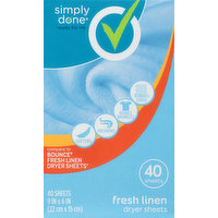 Simply Done Dryer Sheets, Fresh Linen, 40 Each