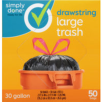 Simply Done Trash Bag, Drawstring, Large, 30 Gallon, 50 Each