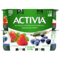 Activia Yogurt, Lowfat, Strawberry, Blueberry, 12 Each