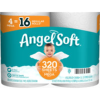 Angel Soft Bathroom Tissue, Unscented, Mega Rolls, 2-Ply, 4 Each