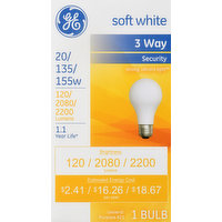 GE Light Bulb, Soft White, 3 Way, Security, 20/135/155 Watts, 1 Each