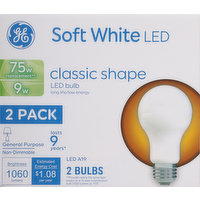 GE Light Bulbs, LED, Classic Shape, Soft White, 9 Watts, 2 Pack, 2 Each