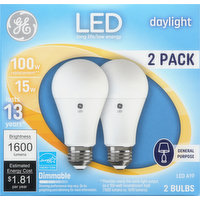 GE Light Bulbs, LED, Daylight, 15 Watts, 2 Pack, 2 Each