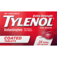 Tylenol Acetaminophen, Extra Strength, 500 mg, Coated Tablets, 24 Each