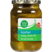 Food Club Pickles, Baby Whole Dill, Kosher, 16 Fluid ounce