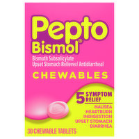 Pepto Bismol Upset Stomach Reliever/Antidiarrheal, Chewable Tablets, 5 Symptom Relief, 30 Each